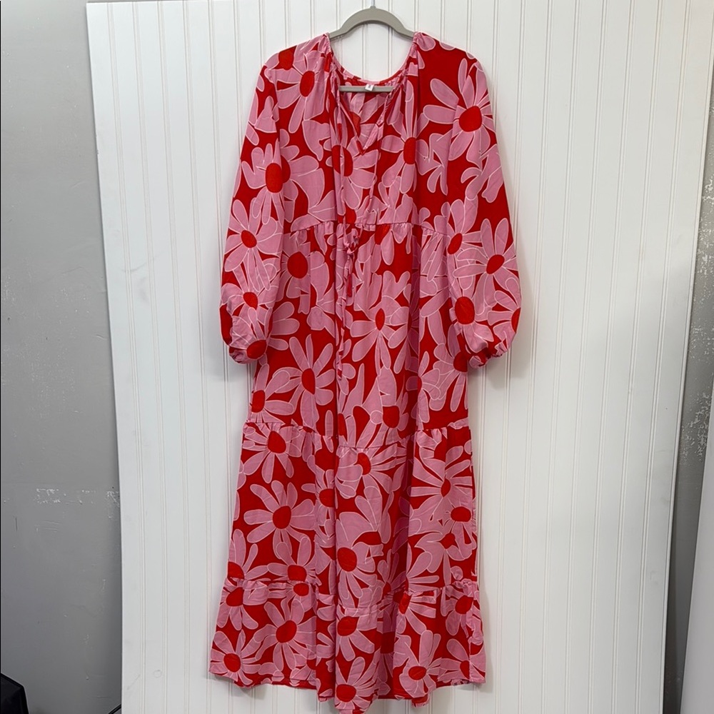 Dokotoo Red and Pink Floral Dress Daisy Long Sleeve Boho Travel Tiered Floral